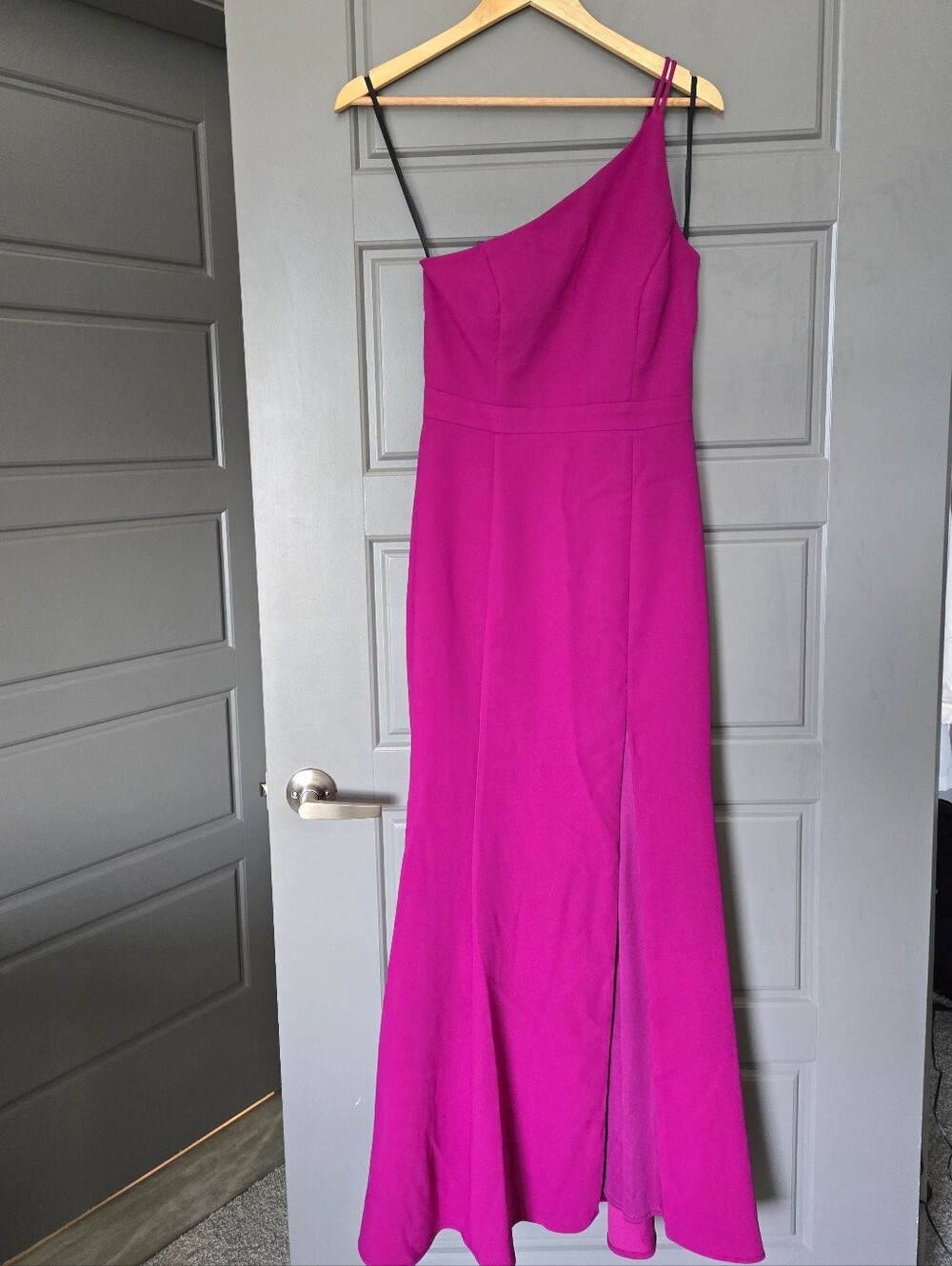Xscape One-Shoulder Magenta Evening Gown with Front Slit